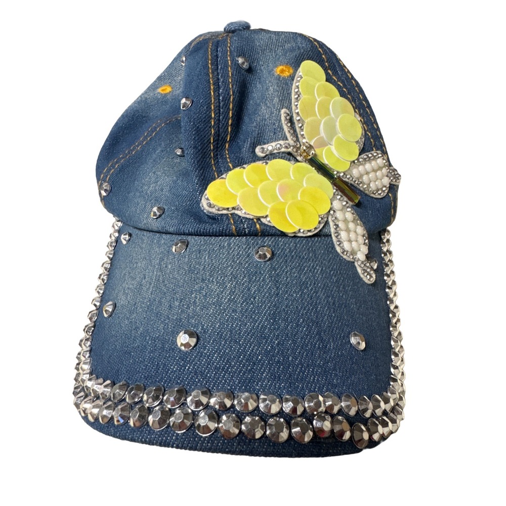 Fashion Nova Denim Fabric Baseball Cap Butterfly Babe Sequin Rhinestone Hat Blue